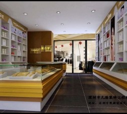 品牌店美妆木质烤漆化妆品展示柜台设计效果图-可来图订制